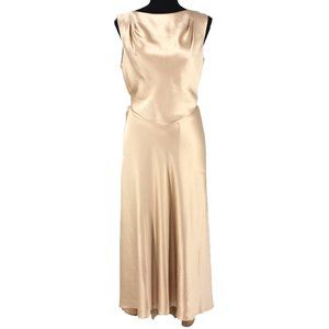 SALONI Jen Beige Satin Silk Sleeveless Tie Waist Midi Dress 6 High Low Maxi